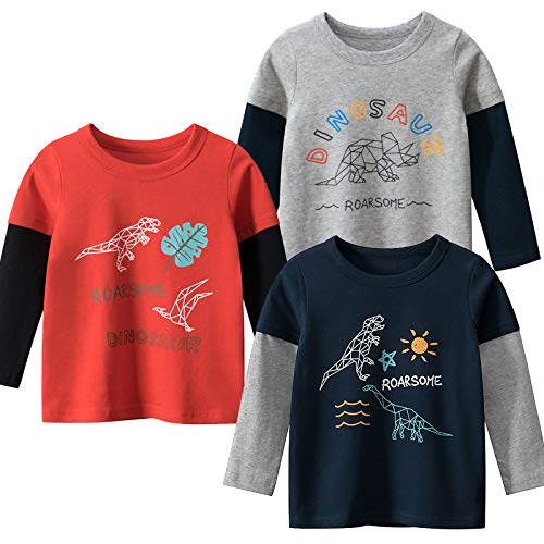 Moon Tree Boys Cotton Long Sleeve T Shirts Boys Cartoon Dinosaur Shirt Crew Neck Tees 3 Pack 6T/Size 6