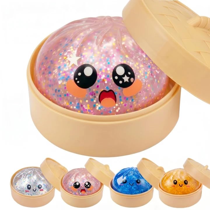 Dumpling Squishies, Glitter Dumpling Mystery Box, Colorful Dumplings Stress Balls Fidget Sensory Toy, Stocking Stuffers with Food Steamer Stretchy Desk Toys(Pink)