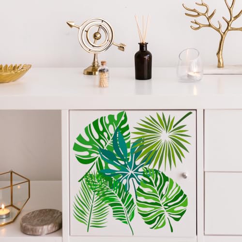 FINGERINSPIRE 6Pcs Tropical Leaves Painting Stencil 20x20cm Monstera Ceriman Rubber Grass Palm Leaf Spraying Stencil Plants Themes Spraying Stencils Reusable Leaves Pattern Wall Hollow Out Stencils - Image 4