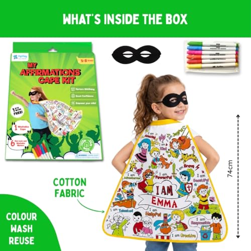 Image of PepPlay Affirmation Cape Coloring Kit - Positive Affirmations Cotton Cape + Eye Mask + 6 Washable Markers | Personalised Confidence Building Pretend Play | Reusable Birthday Gift for Boys Girls Age 4-8