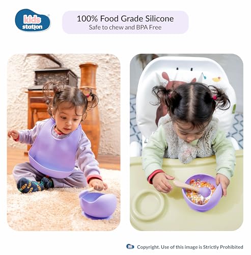Image of Kids Station Solid 3 Piece BPA-Free Silicone Baby Feeding Set - Baby Bib - Spoon And Bowl - Make Mealtime Fun And Easy For Your Little One - For Infants + Toddlers - Baby Self Feeding Habit - Purple