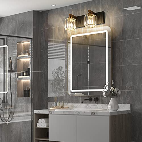 Image of Aipsun Vanity Lighting Fixtures for Bathroom Matte Black Vanity Lights Fixtures Crystal 2 Lights Wall Light Fixture Over Mirror(Exclude Bulb)