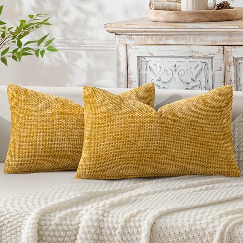 Image of MIULEE Pack of 2 Gold Lumbar Throw Pillow Covers 20x12 Inch Mustard Yellow Summer Modern Boho Decorative Pillow Covers Soft Chenille Farmhouse Cushion Covers for Home Decor Couch Bed Sofa Living Room