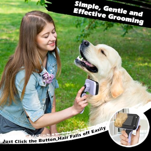 Image of Professional 3PCS Self Cleaning Slicker Brush & Pet Grooming Rake & Flea Comb for Dogs,Cats and Horses | Double-Sided Dematting Comb & Skin Friendly Deshedding Grooming Tool (Light Purple)