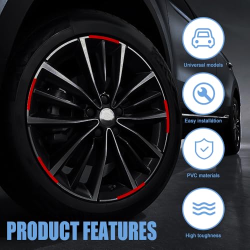 Image of 20PCS Reflective Car Wheel Decorative Stripe Stickers, Red, Custom Style, Waterproof Material, Rectangular, Striped, Outdoor Use, Wheel Sticker