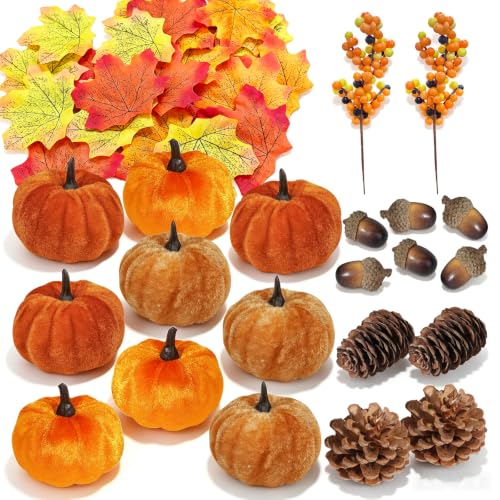 Gulxwis 51 Piezas Calabazas Decorativas de Otoño, Calabaza Decoracion Realista con Bellotas, Bayas, Hojas de Arce y Piñas, Calabaza Halloween Artificiales para Las Fiestas de Otoño, Bodas y Halloween