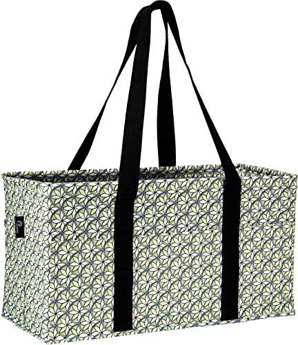 Pursetti Extra Large Utility Tote Bag for Women with 6 Exterior Pockets - Perfect as Beach Bag, Pool Bag, Laundry Bag, Storage Tote for Ballgame, Beach, Pool, and Home (Geometric Green Flowers)