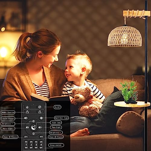 Qiyizm Floor Lamp With Table And Shelves For Living Room Bedroom Rattan Shelf Floor Lamps With Remote Boho Dimmable Standing Lamp Wicker Bamboo Wood Farmhouse Black Tall Lamp Rustic Floor Light #TOP2
