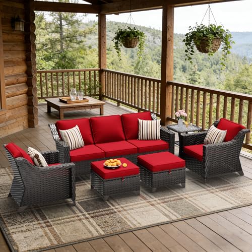 Image of 6 Piece Patio Furniture Set, Wicker Outdoor Conversation Set | Patio Chair Set with Olefin Removable Cushion, All-Weather Outdoor Couch with Deep Seat for Porch, Deck and Backyard, Red