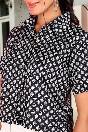 Image of POPWINGS Ethnic Printed Cotton Half Sleeves Regular Fit Crop Shirts for Women Stylish Western Casual Wear