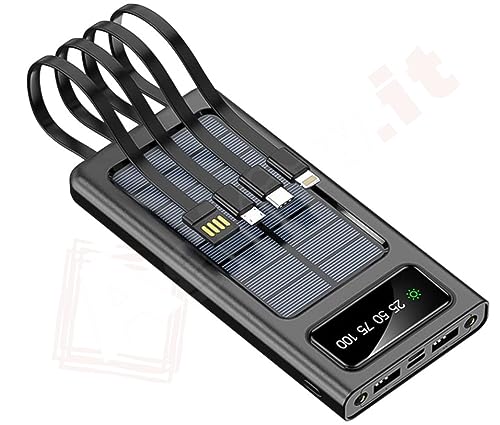 Power Bank Solare 15000 mAh 4 Uscite, Batteria ricarica al sole smartphone e tablet, Caricabatteria con Cavi USB, TYPE-C, Micro Usb, Power bank adatto a emergenza (PD15200)