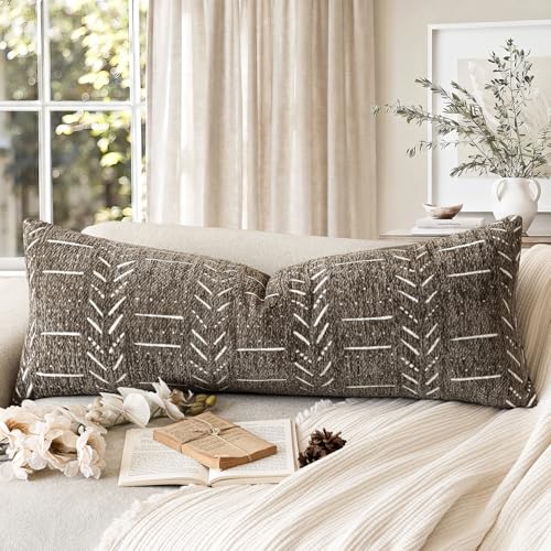 Image of Foindtower Set of 1 Decorative Chenille Jacquard Throw Pillow Cover Textured Farmhouse Body Cushion Covers Modern Coastal Boho Home Decor for Sofa Chair Couch Bed Living Room,14x36 Inch,Cocoa Brown