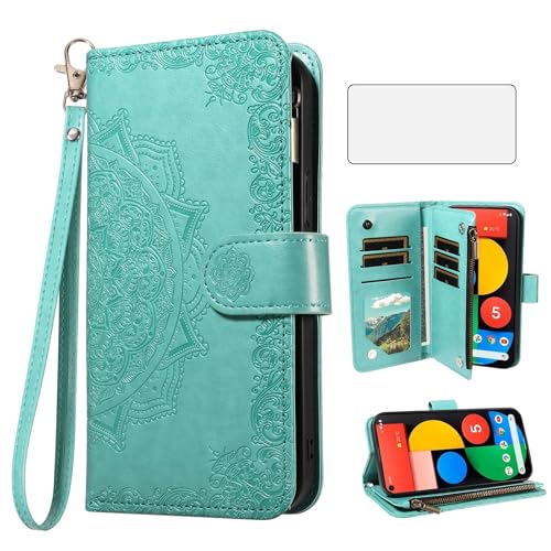Coque Pixel5 5G antichoc verte, étui rabat Pixle Five G5 et verre