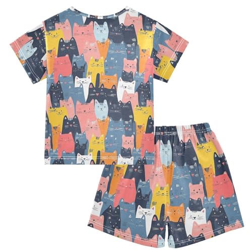 ALAZA Colored Cat Animal Kitten Pajamas Set Short Sleeve Cotton Sleepwear Summer Pjs 2 Piece 5-14Y2