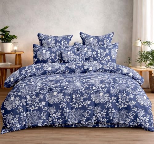 Image of DECOR2ADMIRE Premium Cotton Bedsheet Double King Size 90x100 Inches, 300 TC Soft Breathable Printed Bed Sheet with 2 Pillow Covers (Dark Blue Garden, Double 90 inch x 100 inch)
