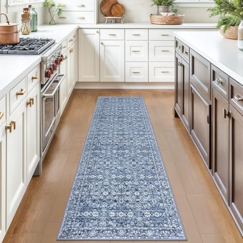 2x7 Blue Washable Runner Rug for Hallways, Soft Classic Kitchen Rugs with Non-Slip, Non-Shedding Distressed Floral Rug for Hallway Entryway Bedroom Bathroom Laundry Indoor