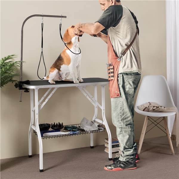 Yaheetech Table de Toilettage pour Chien/Chat/Animaux de Companie Pliante avec Potence Réglable 2 Sangles Une Panier de Rangement et Surface Travail Plus Large Antidérapente Capacité 100kg