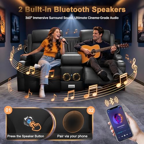Image of Power Loveseat Recliner Sofa, Home Theater Seating with Heat Massage, Reclining Loveseats with Flip Backrest, Wall Hugger RV Couch Movie Theater Chairs, RV Furniture Sofas with USB, for Gaming Room