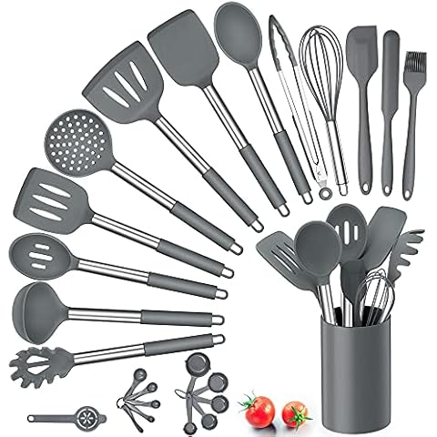 Silicone Kitchen Utensils Set, Herogo 25 Pcs Cooking Utensil with Holder, Heat Resistant Kitchen Tools with Stainless Steel Handle for Non-Stick Cookware, Turner Spatula Spoon Tong Brush Whisk, Grey Cover