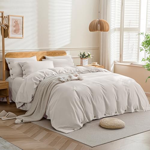 Image of JELLYMONI Cotton Duvet Cover King Size - Beige Comforter Cover with Button 100% Washed Cotton 3PCS Breathable Soft Solid Bedding Set Duvet Cover 104x90in & 2 Pillowcases (NO Comforter)