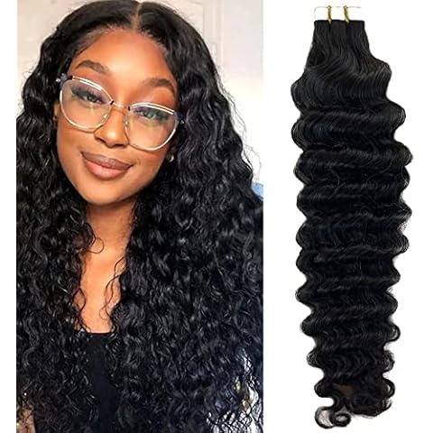 Valiilo Black Deep Wave Tape ins for Black Women, Natural Wave Tape in Hair Extensions 22inch Double Sided Seamless Skin Weft Curly Human Hair Tape in Extensions 20 Pieces 50Gram Cover