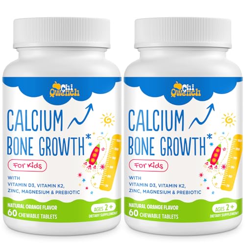 500 MG Calcium Supplement with Vitamin D3 & K2 Zinc Magnesium & Prebiotics. Kids Vitamins for Kids Height. Bone Strength High Absorption Orange Chewables Gluten Free 120 Tabs