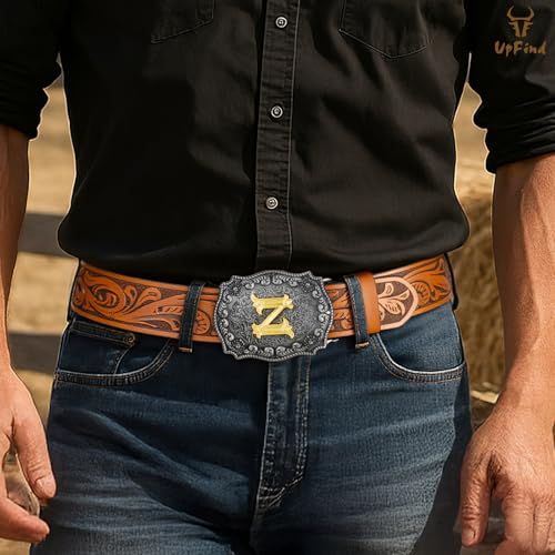 Western Cowboy Leather Belt Men Women, Gold Initial Letters ABCJMZ Buckle Embossed Belt for Jeans