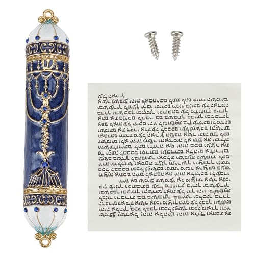 NICENEEDED Mezuzah Dipinta A Mano, Articolo di Benedizione per L'Inaugurazione della Casa in Cristallo Blu, Placca Mezuzah Smaltata Nera e Oro Ebraica