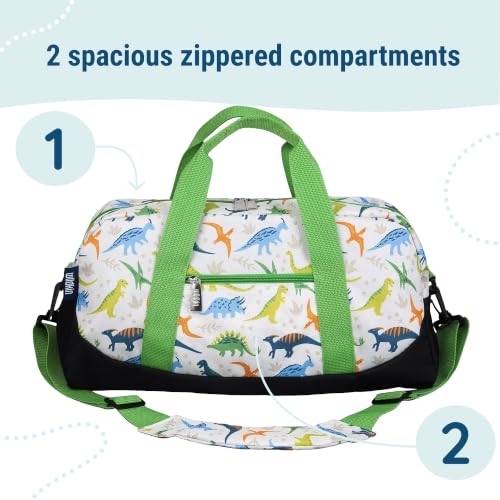 Image of Wildkin Overnighter Duffel Bag for Kids, Dinosaur Adventures | 18 x 9 x 9 in travel duffel with roomy main compartment, exterior zip pocket and removable padded shoulder strap.
