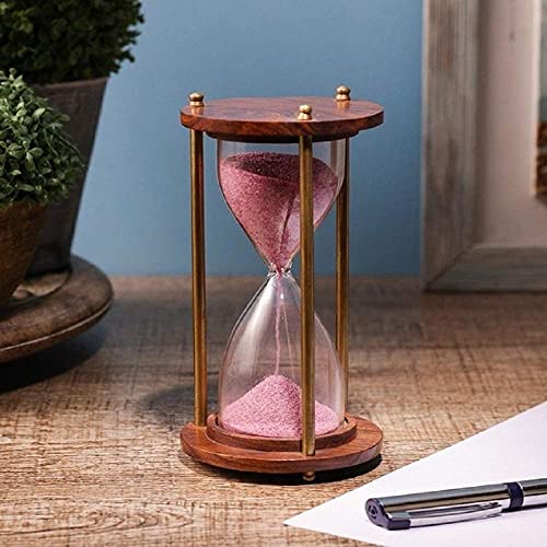 Image of Wooden and Brass Multi Color Sand Timer Hour Glass Sandglass Clock Ideal for Exercise Tea Making Antique Nautical Decor Theme Height 5.5 Inches 5 Minutes (Pink)