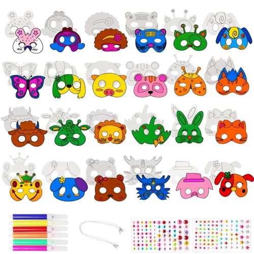 APOMOONS 24 máscaras para colorir para crianças, máscaras de animais para pintar, máscaras de papel para pintar com autocolantes de diamantes de imitação, máscaras para aniversário infantil, Halloween