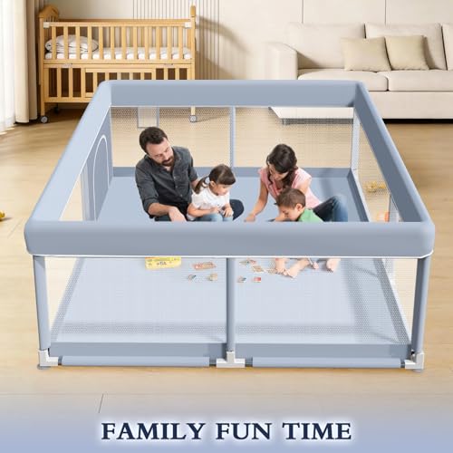 Image of XVISHX 65 x 50 Inch Baby Playpen, Playpen for Babies and Toddlers, Baby Play Pen Playard for Indoor & Outdoor Active Center Game Fence, with Skin-Friendly Fabric and Soft Breathable Mesh, Grey