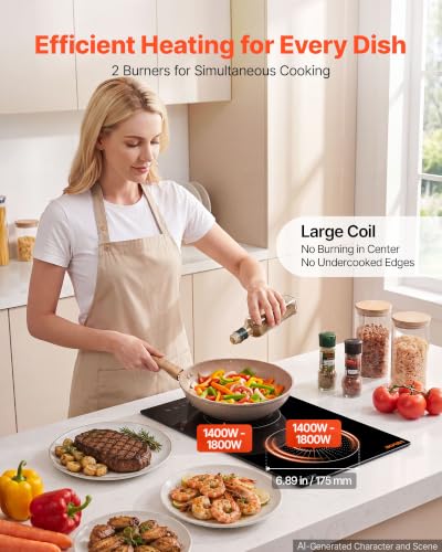 Image of VEVOR Built in Electric Stove Top,Electric Induction Cooktop 12In 2 Burners, Induction Cooktop, Touch & Independent Control, 9 Power Levels, Easy-Clean Ceramic Glass, Child Lock, 1800W, 110V US Plug