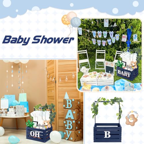 Image of Barydat Wooden Baby Shower Crate Closet Basket with Handle Baby Announcement Sign Garland Hangers Large Letter, Wooden Gift Crate, Letters for Pregnancy New Parent Party(Navy Blue)