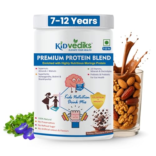 Image of KidVediks Kids Protein Powder for Ages 7-12 yrs (350g) | Nutrition Drink Powder| Brain Booster | Health drink for kids | 8g Protein /Serving | 23 Vitamins & Minerals, DHA, Calcium, Zinc | Chocolate Flavour| No Refined Sugar, Artificial Flavours or Preservatives| Supports Healthy Growth, Development & Immunity Booster| With Almonds, Walnuts, Ashwagandha, Bramhi & Shankhpusphi