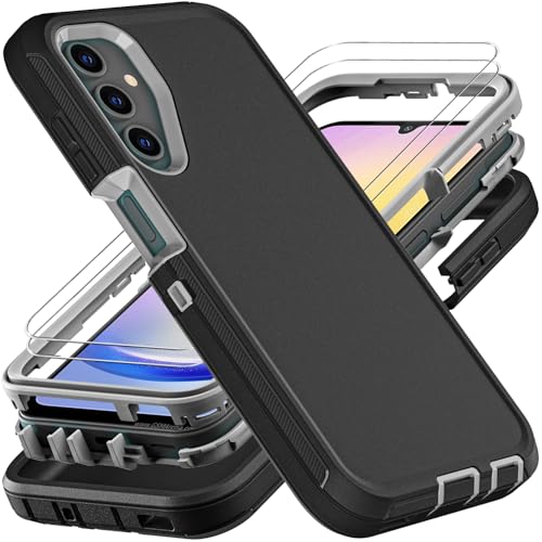 YKHJKLEC for Samsung Galaxy A25 5G Case, Military Grade 3 in 1 Heavy Duty Shockproof/Drop Proof/Dust Proof Case with 2Pcs Tempered Glass Screen Protector (Black/Grey)