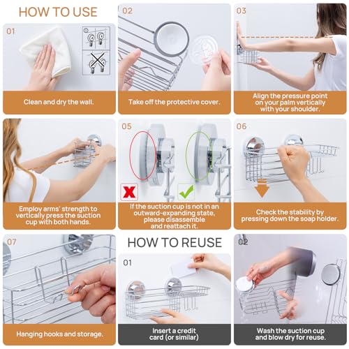 Image of LEVERLOC Shower Caddy Suction Cup, 3 Pack Heavy Duty Bathroom Organizer for Inside Shower with Hooks & Soap Holder, Removable Bathroom Organizer, Rustproof Silver Holder Storage,Silver