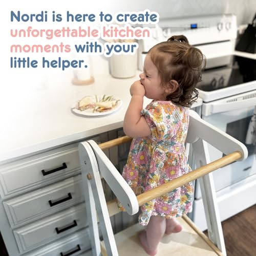 Nordi Foldable Toddler Kitchen Tower, Montessori Kitchen Stools Helper, Standing Tower with 3 Adjustable Heights, Suitable Age for 2-6 Years, White