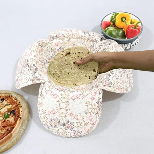 Image of Swayam 100% Cotton Cloth Roti Casserole | Hot Chapati Box | Washable Bread Basket | 22 cm Round Roti Basket | Geometric Design - Beige