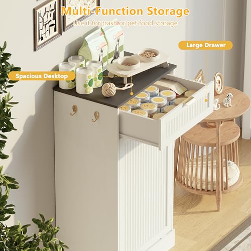 Image of Single 13 Gallon Tilt Out Trash Can Cabinet,Garbage Cabinet with Drawer | Hidden Garbage Storage with Fluted Design, Drawer & Hooks for Kitchen, Dining Room and Small Space Organization,White