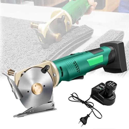 Taglierina rotativa per tessuti, taglierino elettrico senza fili, spessore massimo di taglio 3,3 cm, lame rotonde da 90 mm, include 2 batterie, ideale per moquette e pelle