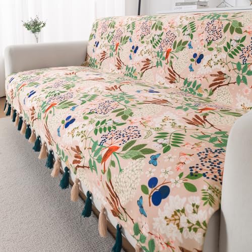 Image of HOKIPO Sofa Cover with Tassel for 3 Seater Sofa | Full Protection for Seat and Back | Printed Holland Velvet Fabric | 'Whispers of Nature' (160x175 cm), Beige Woodland Bloom (IN-1127-D4)