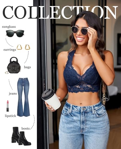 Image of Avidlove Lace Bralettes for Women Sexy Unlined Bra Wireless Longline Bralette Comfort Cami Undershirt Triangle Lingerie Navy Blue