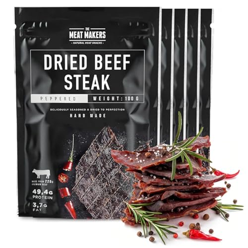 The Meat Makers Peppered Beef Jerky Steak (500g) - Getrocknetes Rindersteak Proteinreiches Rindfleisch Dörrfleisch Trockenfleisch Für Menschen Trocken Fleisch Beef Jerky Snack.