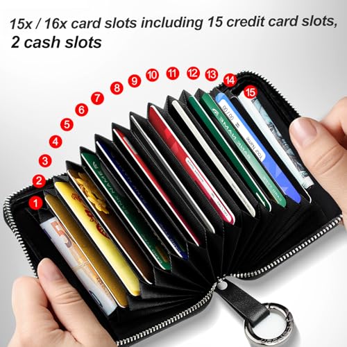 T-carbon Real Carbon Fiber Card Organizer Wallet with Zipper,RFID Blocking 15 Slot Credit Card Holder Wallet with Keychain2