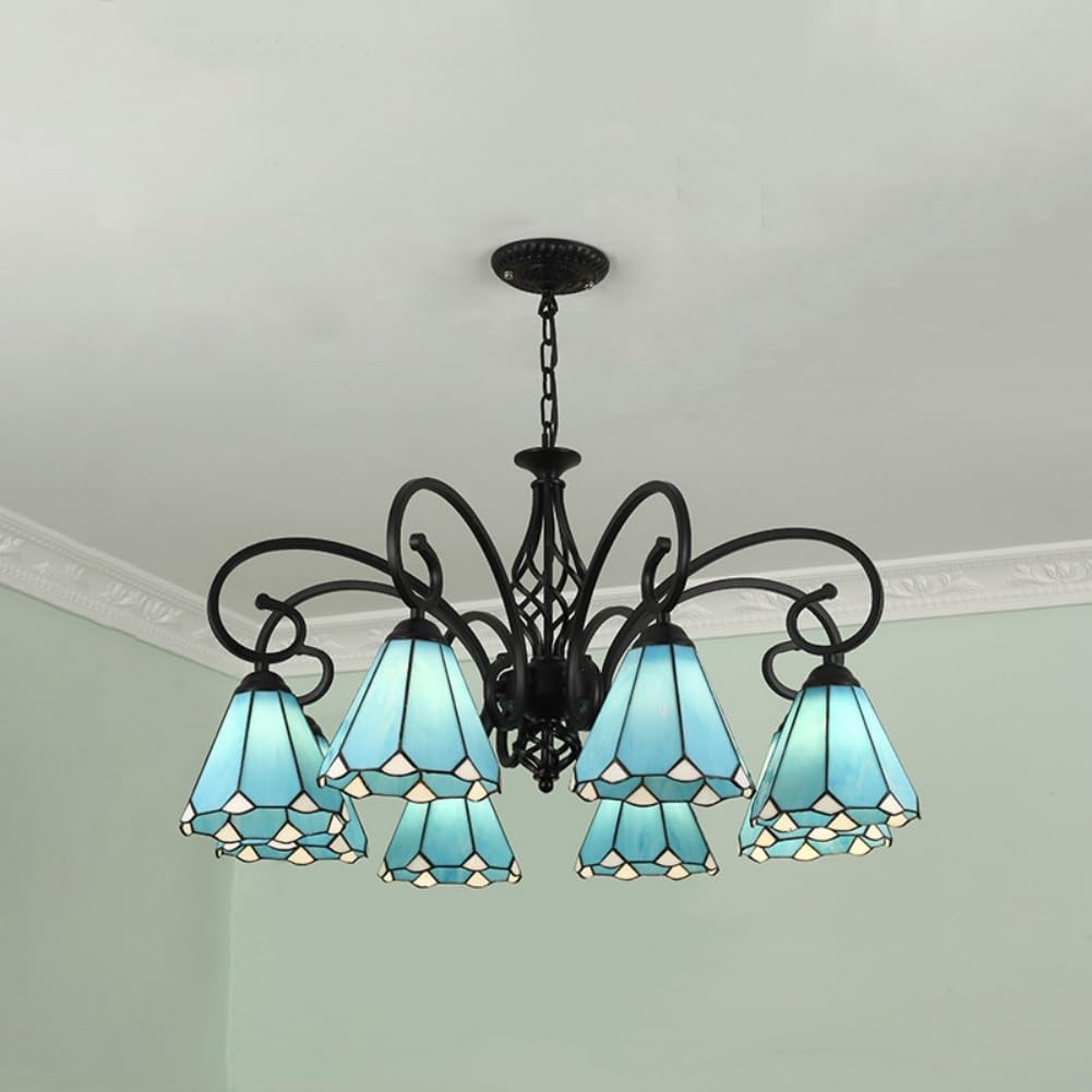 SXECAEPS Vintage Chandelier Blue Stained Glass Chandeliers Cone Shape Pendant ht 8 hts Style Dining Room Hanging Lamp