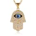 HZMAN 18k Gold Plated Iced Out CZ Stainless Steel Blue Evil Eye Beads Fatima Hamsa Hand Pendant Necklace