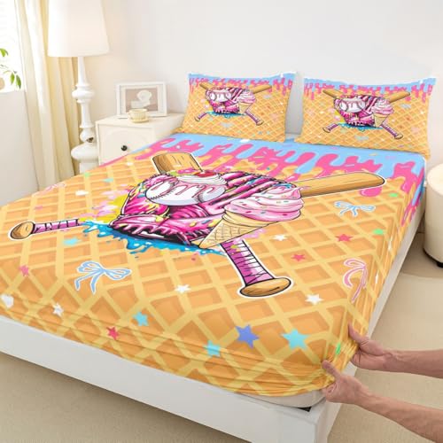 Image of Castle Fairy Baseball Cream Bed Sheets Queen Size,Ball Dessert Cherry Plaid Bedding Set, Kawaii Sport Game Boys Girls Room Decor,Pink Bule Yellow Sheet(Fitted+Flat+2 Pillowcases)