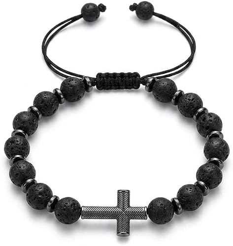 Adjustable Lava Stone Bead Cross Bracelet Unisex Black