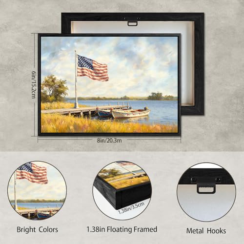 Image of American Flag Framed Canvas Wall Art, 4th of July Red White Blue Canvas Prints, USA Flag with Boat Patriotic Decorations, Vintage Independence Day Wall Decor for Bedroom Living Room 6x8